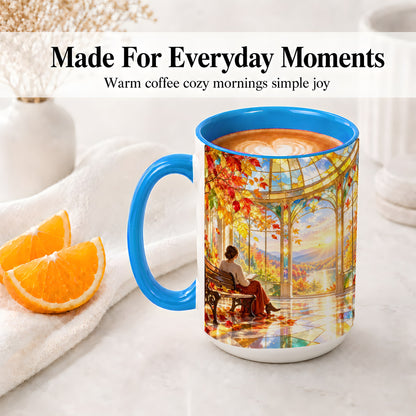 #pl[15oz|Blue] Autumn Reading Scene Accent Mug, Ceramic Mug with Fall Artwork