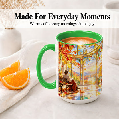 #pl[15oz|Green] Autumn Reading Scene Accent Mug, Ceramic Mug with Fall Artwork