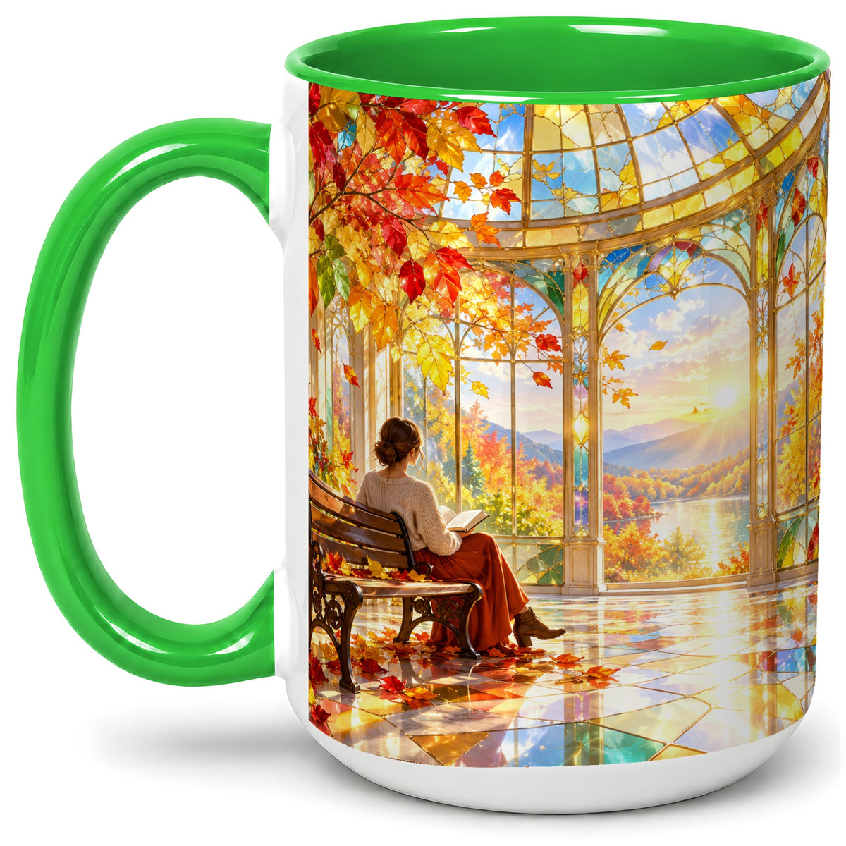 #pl[15oz|Green] Autumn Reading Scene Accent Mug, Ceramic Mug with Fall Artwork