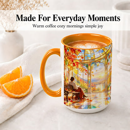 #pl[15oz|Orange] Autumn Reading Scene Accent Mug, Ceramic Mug with Fall Artwork
