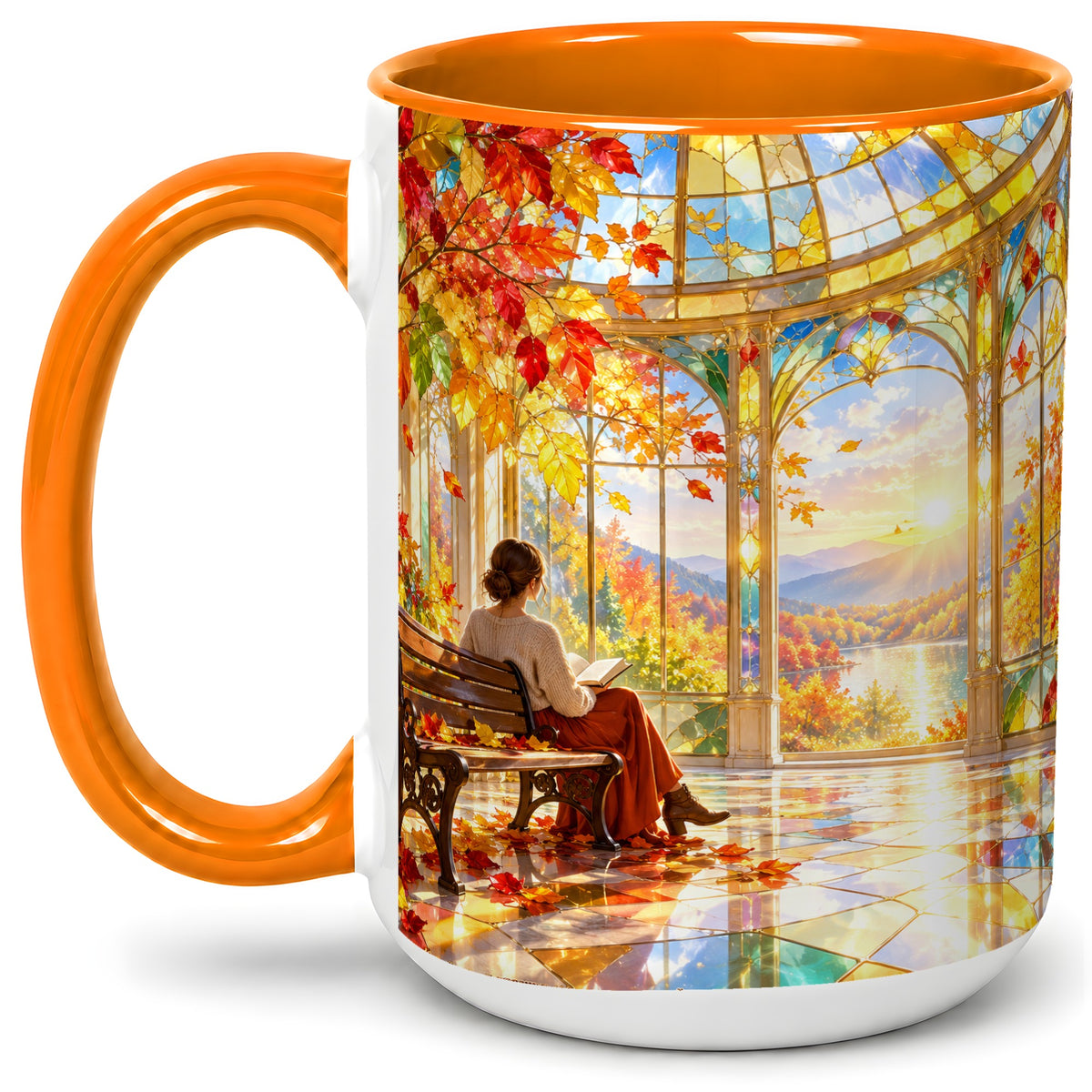 #pl[15oz|Orange] Autumn Reading Scene Accent Mug, Ceramic Mug with Fall Artwork