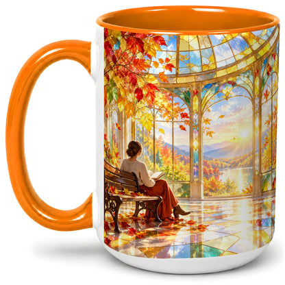 #pl[15oz|Orange] Autumn Reading Scene Accent Mug, Ceramic Mug with Fall Artwork