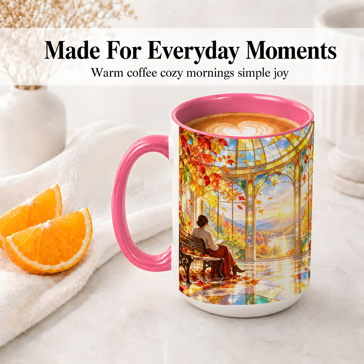 #pl[15oz|Pink] Autumn Reading Scene Accent Mug, Ceramic Mug with Fall Artwork