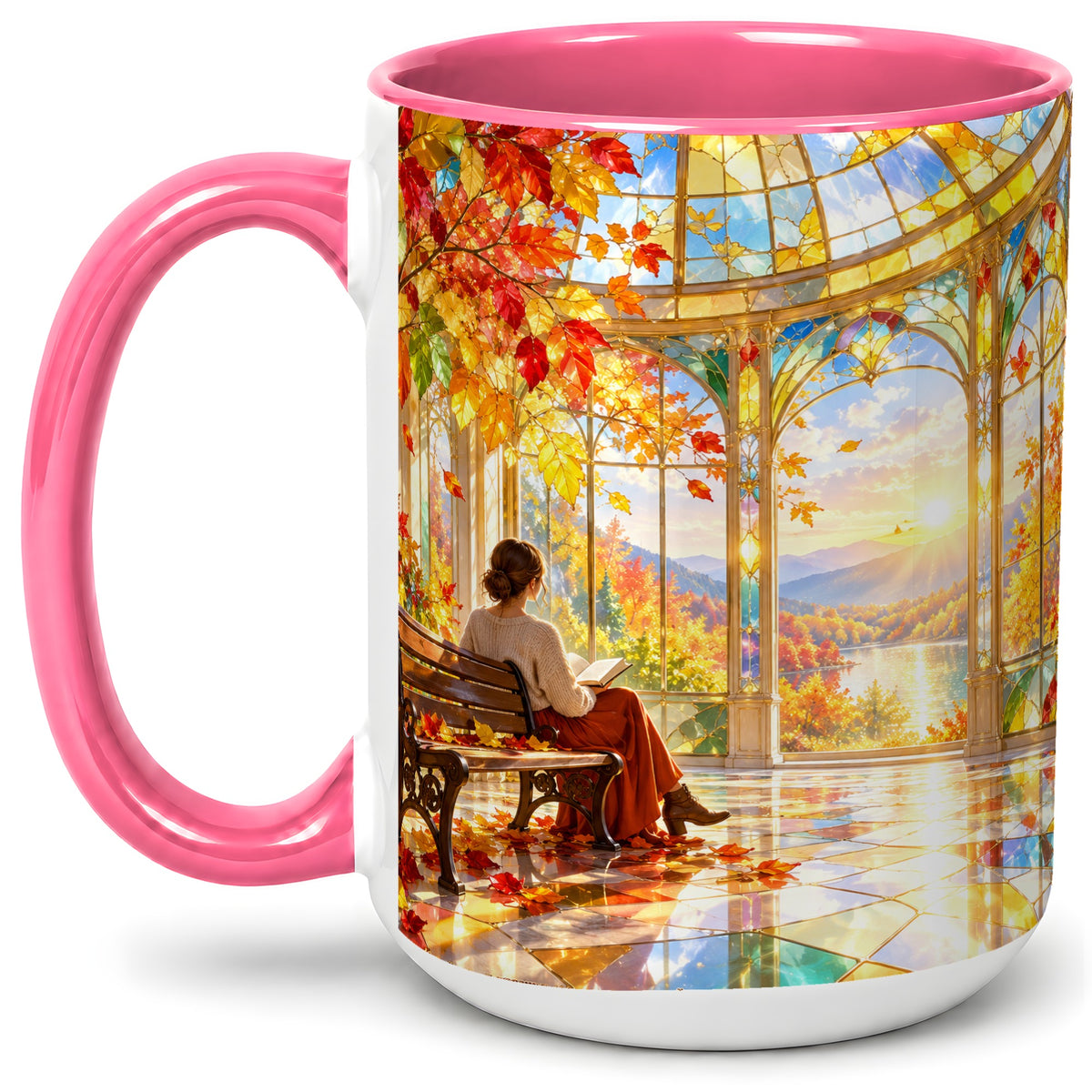 #pl[15oz|Pink] Autumn Reading Scene Accent Mug, Ceramic Mug with Fall Artwork