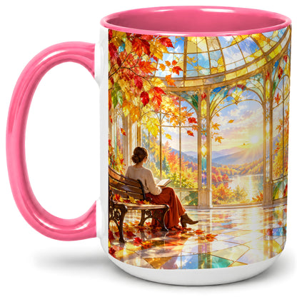 #pl[15oz|Pink] Autumn Reading Scene Accent Mug, Ceramic Mug with Fall Artwork