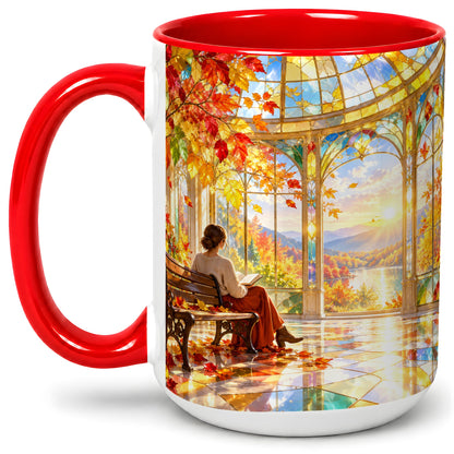 #pl[15oz|Red] Autumn Reading Scene Accent Mug, Ceramic Mug with Fall Artwork