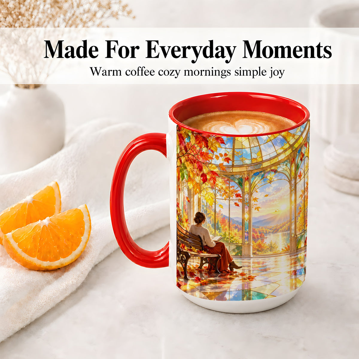 #pl[15oz|Red] Autumn Reading Scene Accent Mug, Ceramic Mug with Fall Artwork