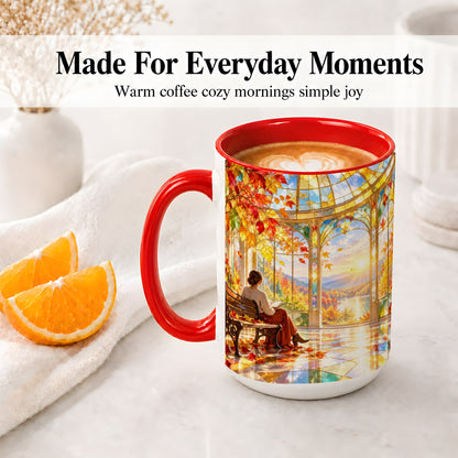 #pl[15oz|Red] Autumn Reading Scene Accent Mug, Ceramic Mug with Fall Artwork