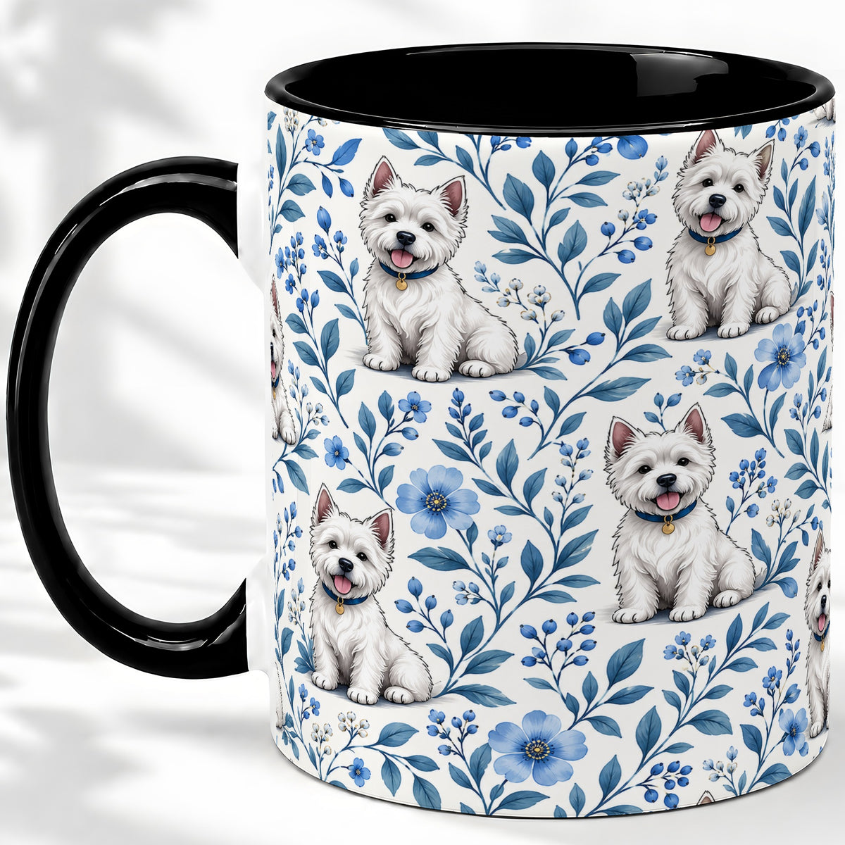 #pl[11oz|Black] White Terrier Blue Floral Mug, Ceramic Mug with Botanical Artwork
