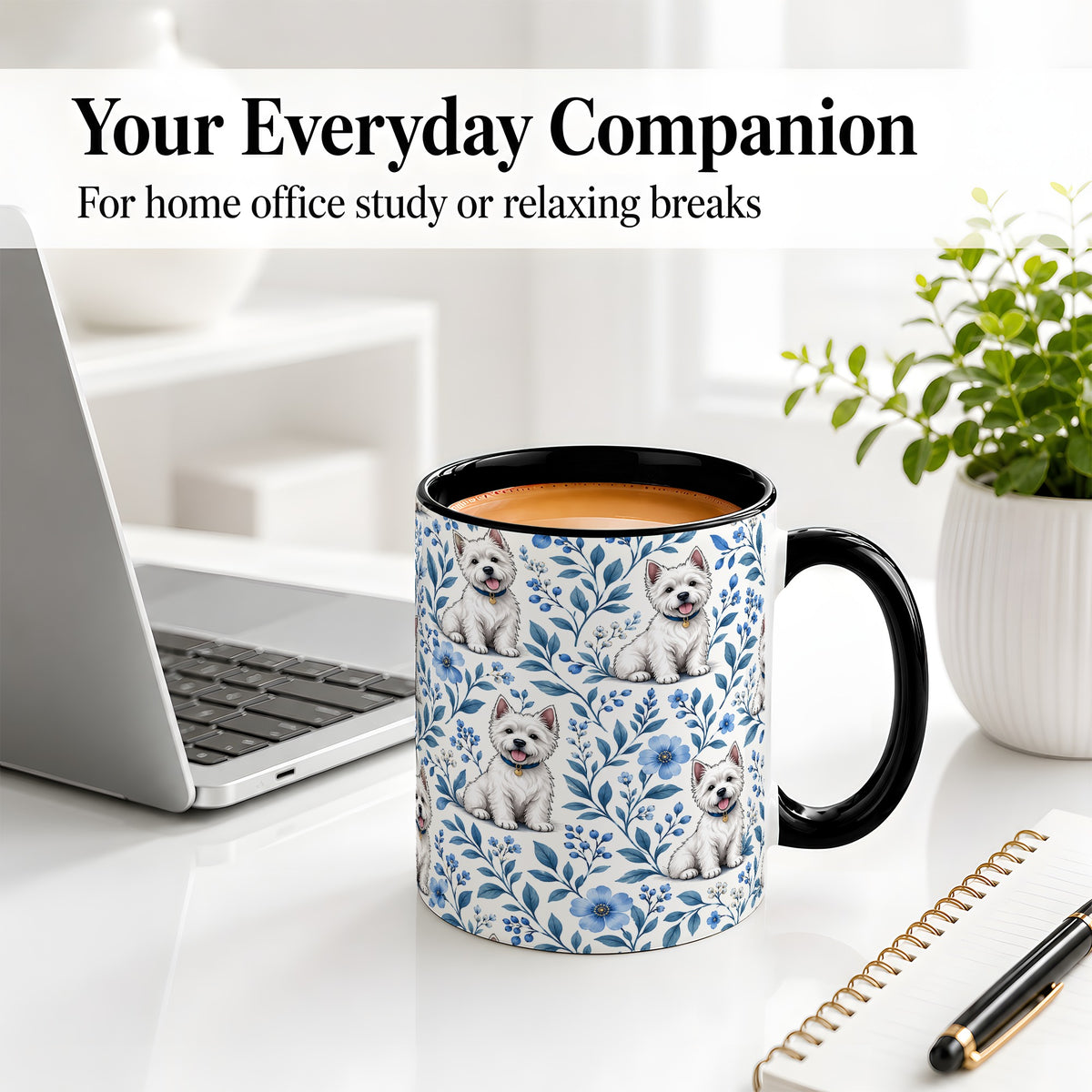 #pl[11oz|Black] White Terrier Blue Floral Mug, Ceramic Mug with Botanical Artwork