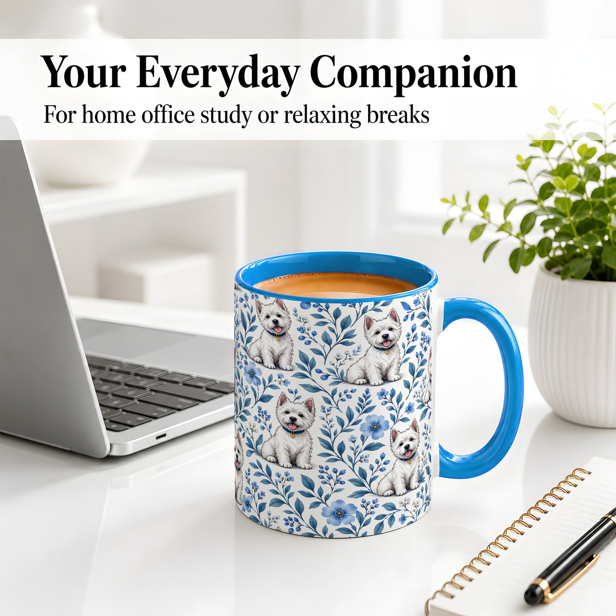 #pl[11oz|Blue] White Terrier Blue Floral Mug, Ceramic Mug with Botanical Artwork