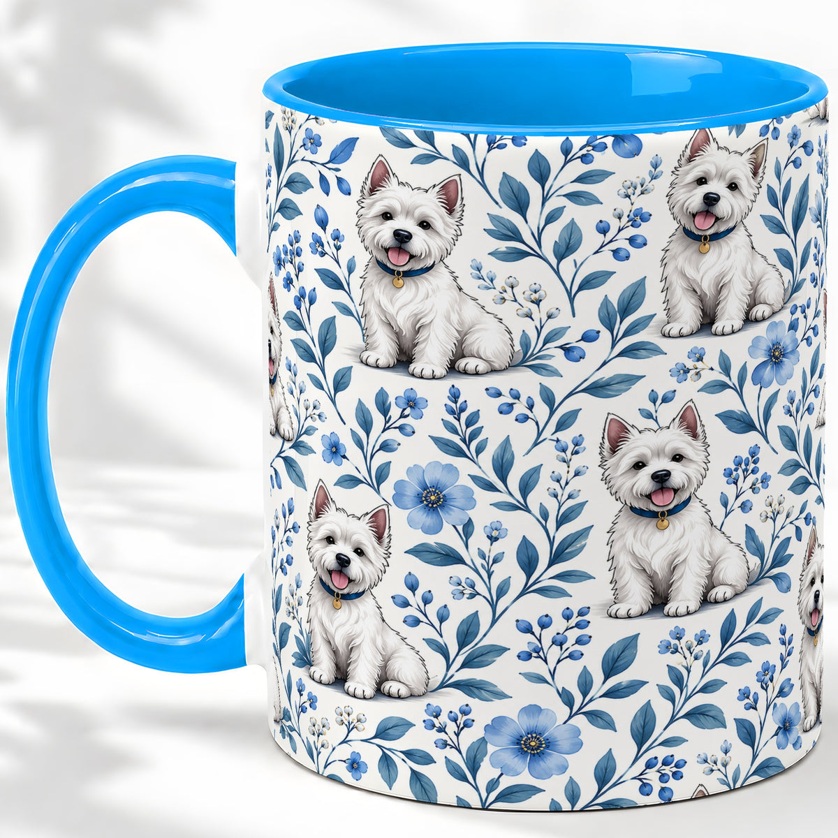 #pl[11oz|Blue] White Terrier Blue Floral Mug, Ceramic Mug with Botanical Artwork