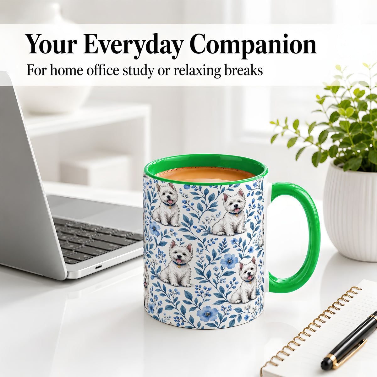 #pl[11oz|Green] White Terrier Blue Floral Mug, Ceramic Mug with Botanical Artwork