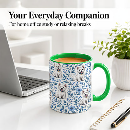 #pl[11oz|Green] White Terrier Blue Floral Mug, Ceramic Mug with Botanical Artwork