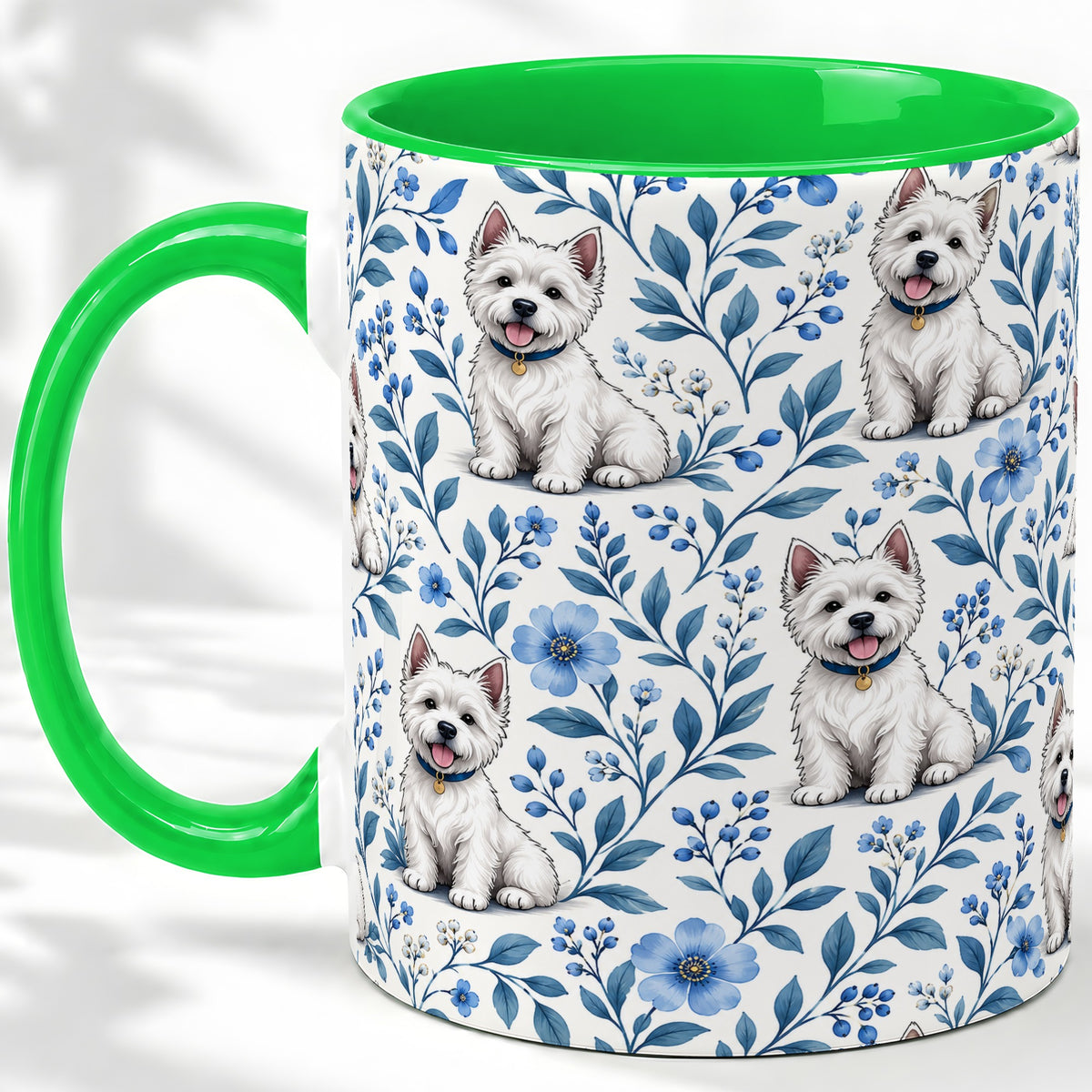 #pl[11oz|Green] White Terrier Blue Floral Mug, Ceramic Mug with Botanical Artwork