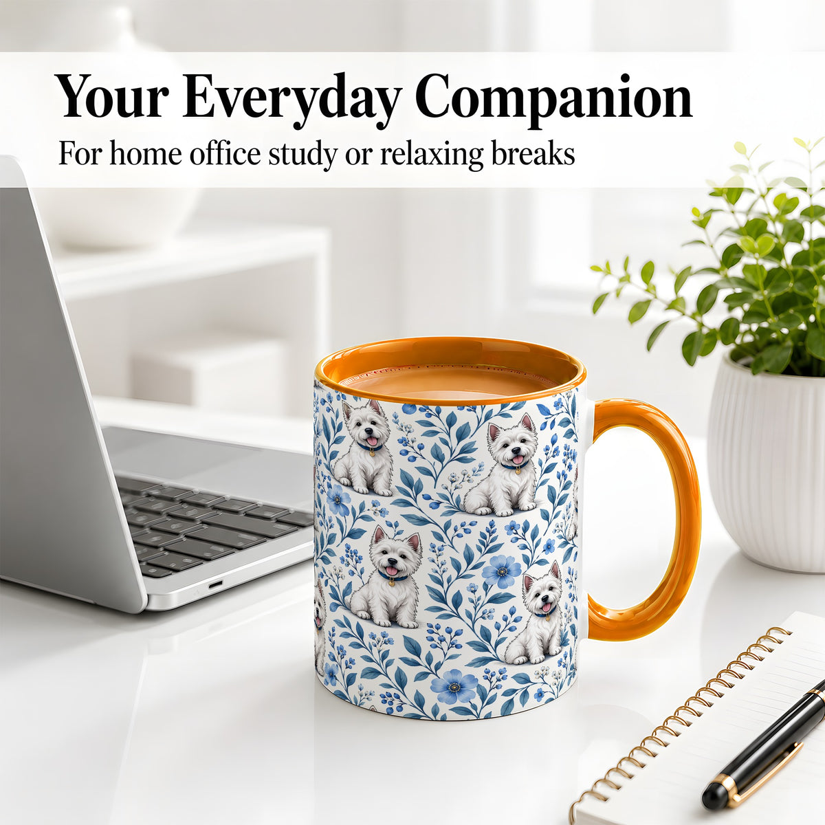 #pl[11oz|Orange] White Terrier Blue Floral Mug, Ceramic Mug with Botanical Artwork