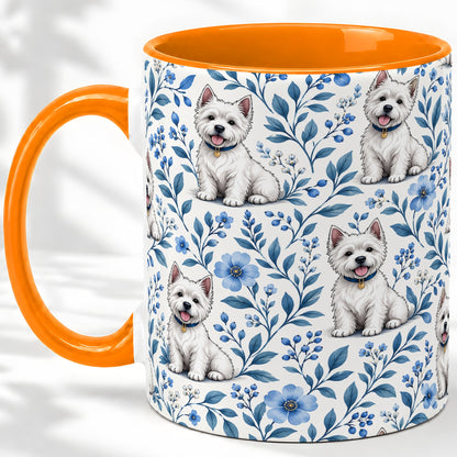 #pl[11oz|Orange] White Terrier Blue Floral Mug, Ceramic Mug with Botanical Artwork