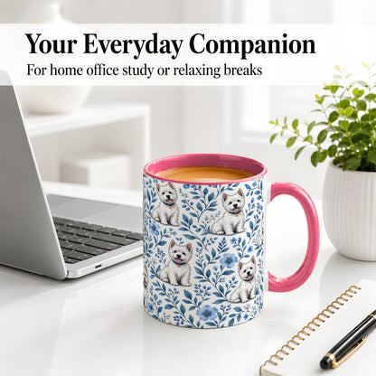 #pl[11oz|Pink] White Terrier Blue Floral Mug, Ceramic Mug with Botanical Artwork