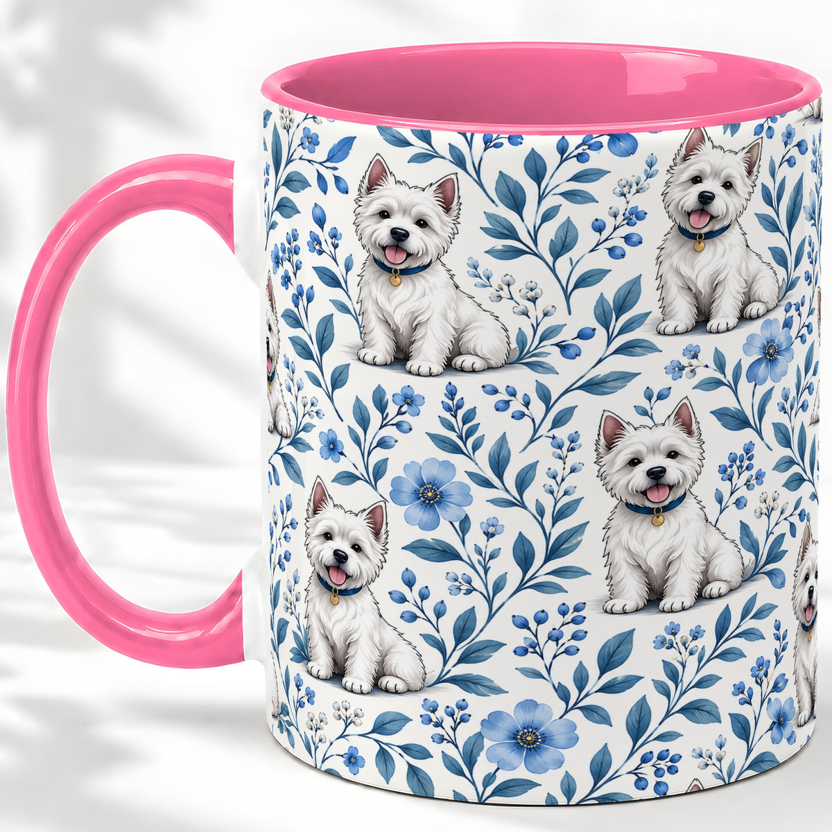 #pl[11oz|Pink] White Terrier Blue Floral Mug, Ceramic Mug with Botanical Artwork