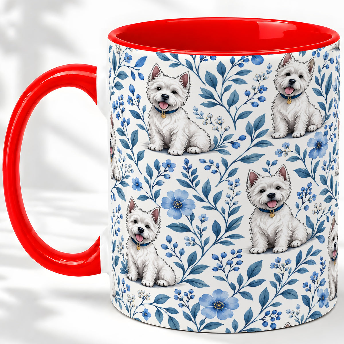 White Terrier Blue Floral Mug, Ceramic Mug with Botanical Artwork