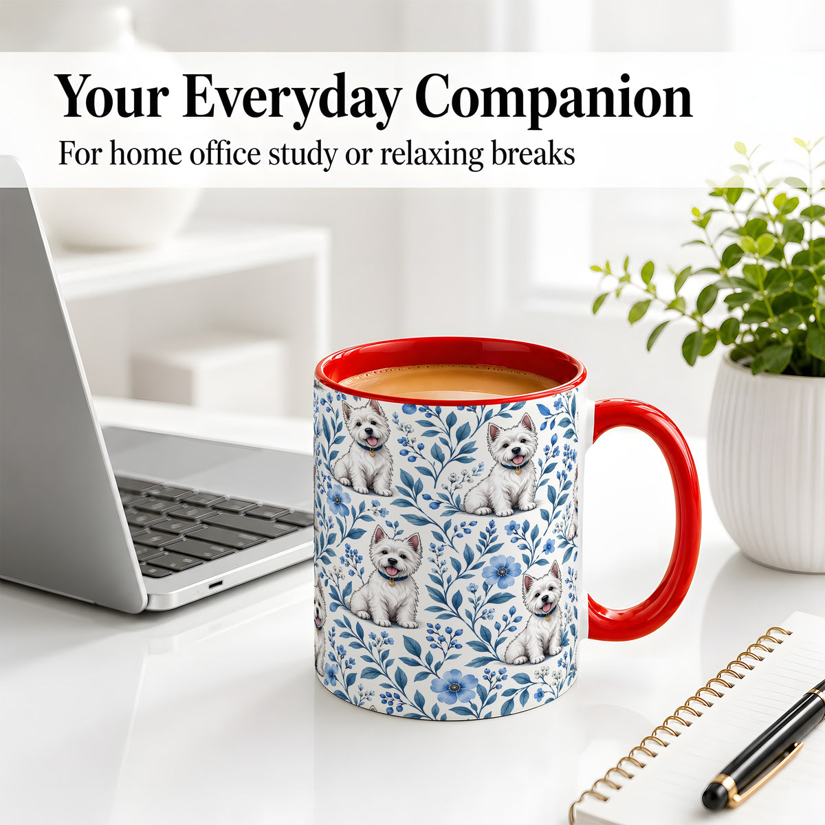 #pl[11oz|Red] White Terrier Blue Floral Mug, Ceramic Mug with Botanical Artwork