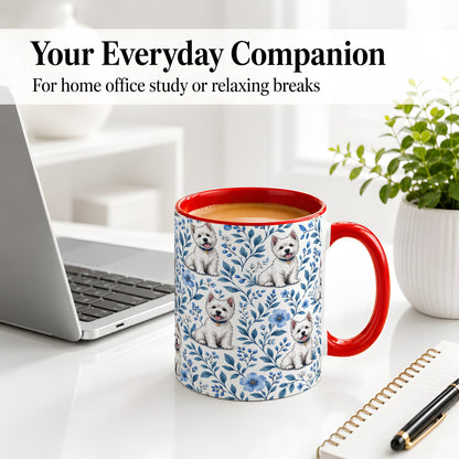 #pl[11oz|Red] White Terrier Blue Floral Mug, Ceramic Mug with Botanical Artwork