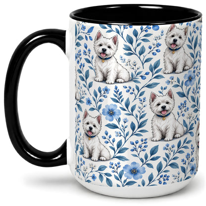 #pl[15oz|Black] White Terrier Blue Floral Mug, Ceramic Mug with Botanical Artwork