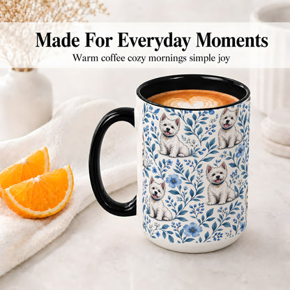 #pl[15oz|Black] White Terrier Blue Floral Mug, Ceramic Mug with Botanical Artwork