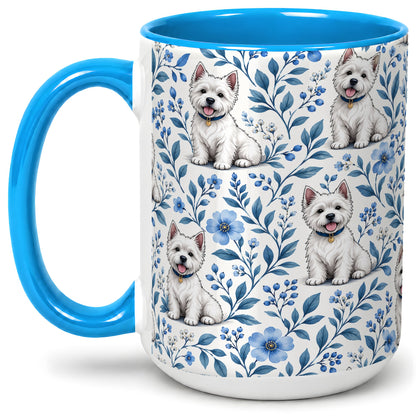 #pl[15oz|Blue] White Terrier Blue Floral Mug, Ceramic Mug with Botanical Artwork