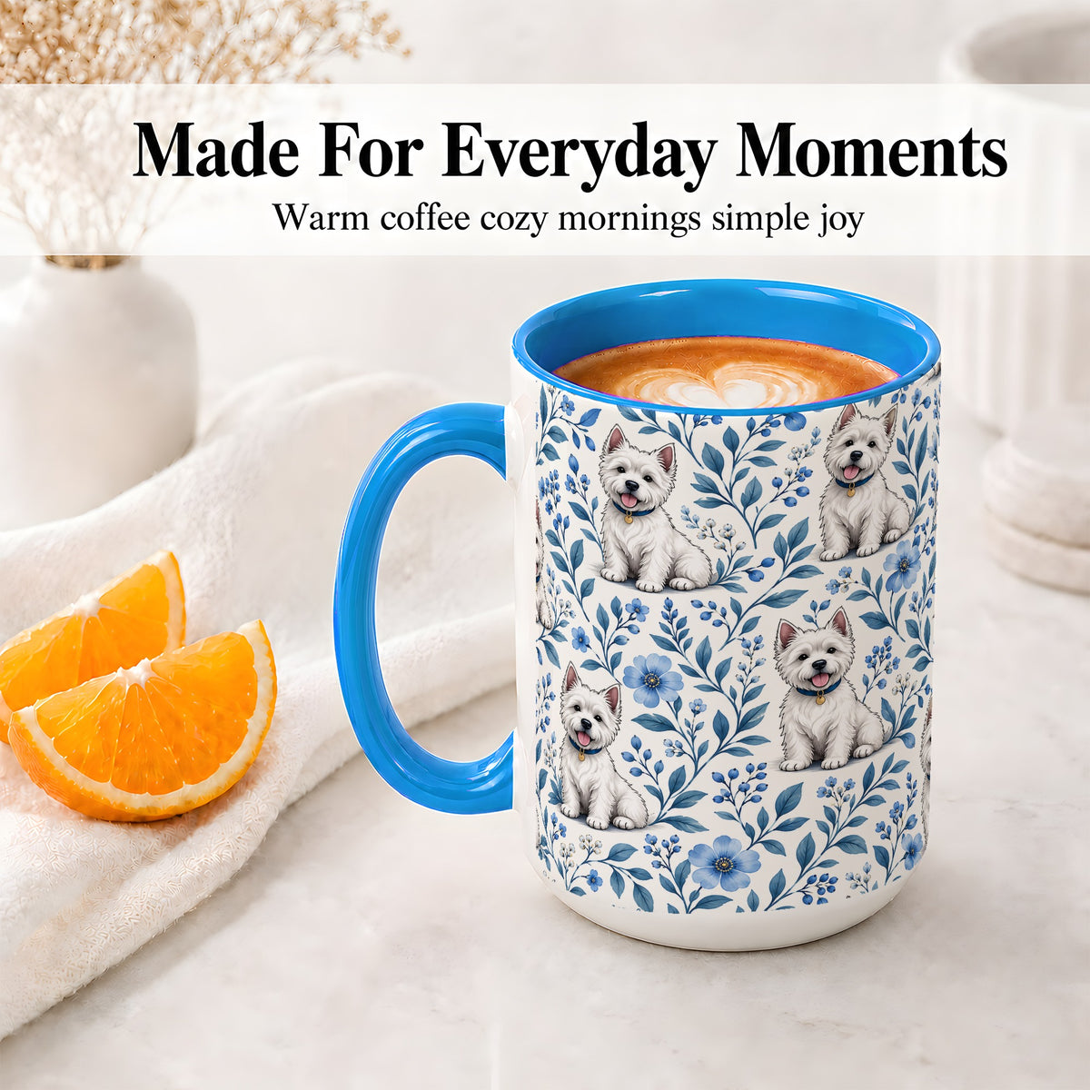 #pl[15oz|Blue] White Terrier Blue Floral Mug, Ceramic Mug with Botanical Artwork