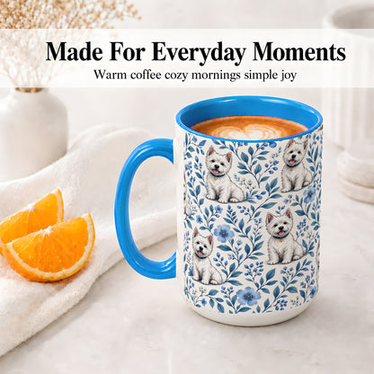 #pl[15oz|Blue] White Terrier Blue Floral Mug, Ceramic Mug with Botanical Artwork
