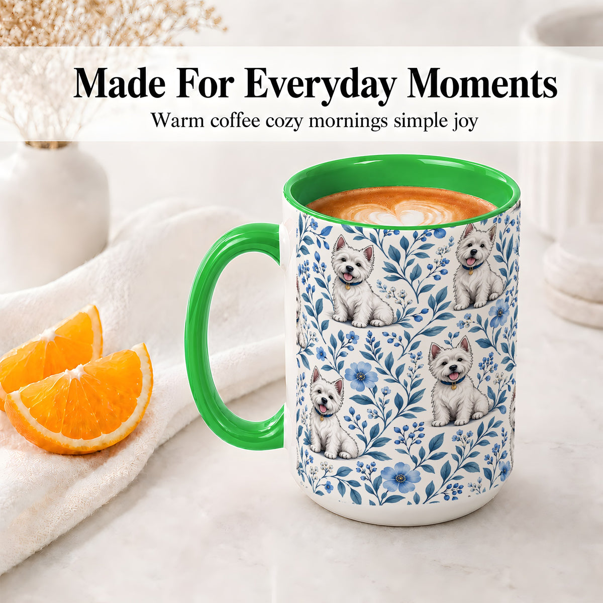 #pl[15oz|Green] White Terrier Blue Floral Mug, Ceramic Mug with Botanical Artwork