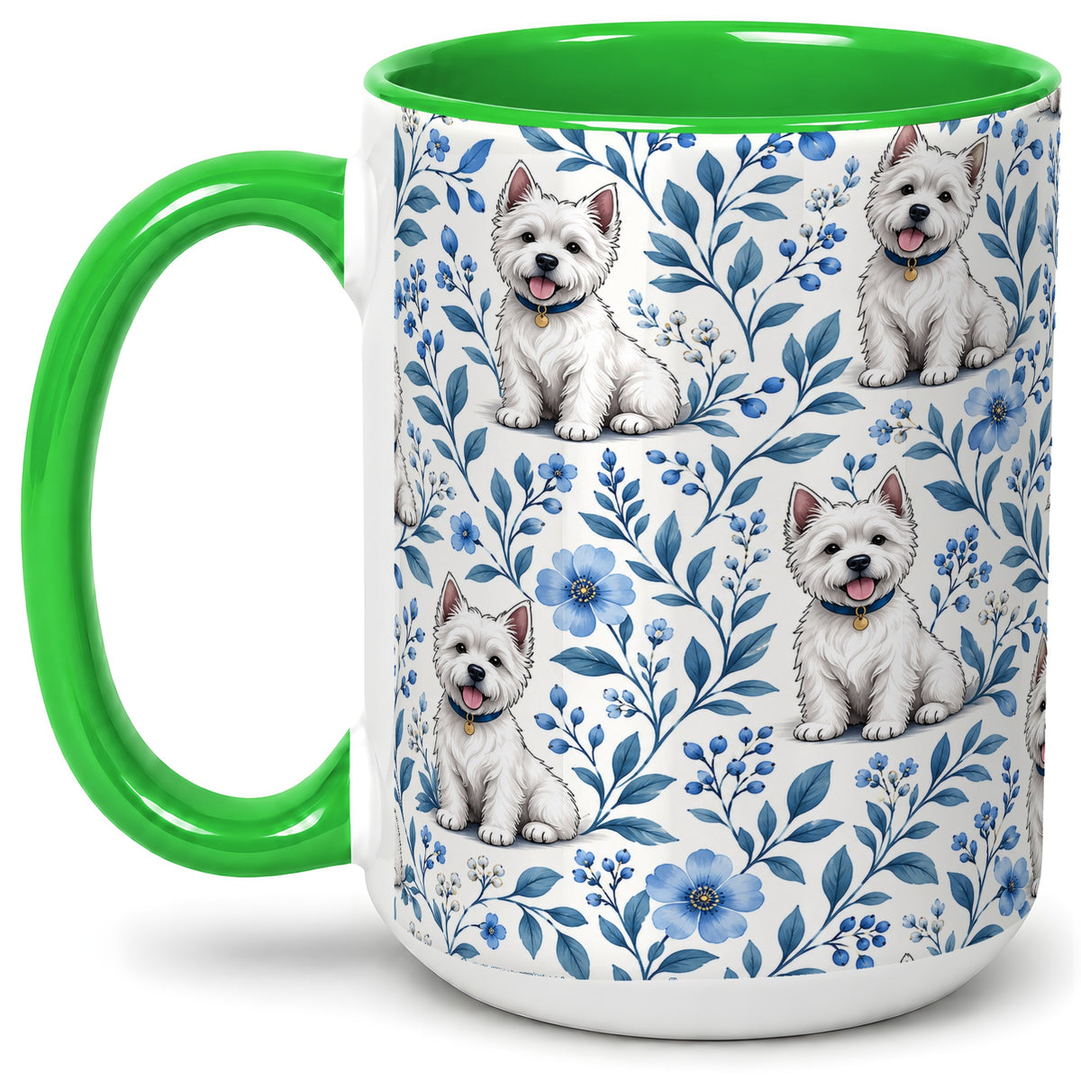 #pl[15oz|Green] White Terrier Blue Floral Mug, Ceramic Mug with Botanical Artwork