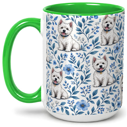 #pl[15oz|Green] White Terrier Blue Floral Mug, Ceramic Mug with Botanical Artwork