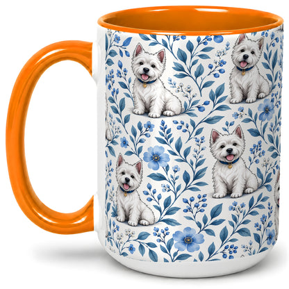 #pl[15oz|Orange] White Terrier Blue Floral Mug, Ceramic Mug with Botanical Artwork