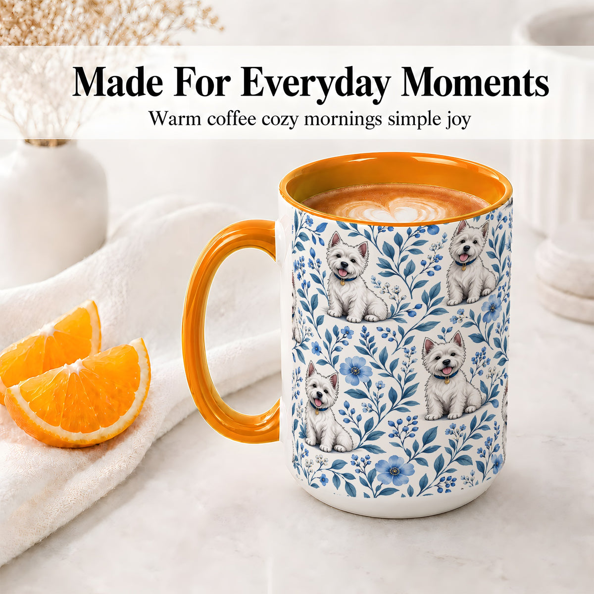 #pl[15oz|Orange] White Terrier Blue Floral Mug, Ceramic Mug with Botanical Artwork