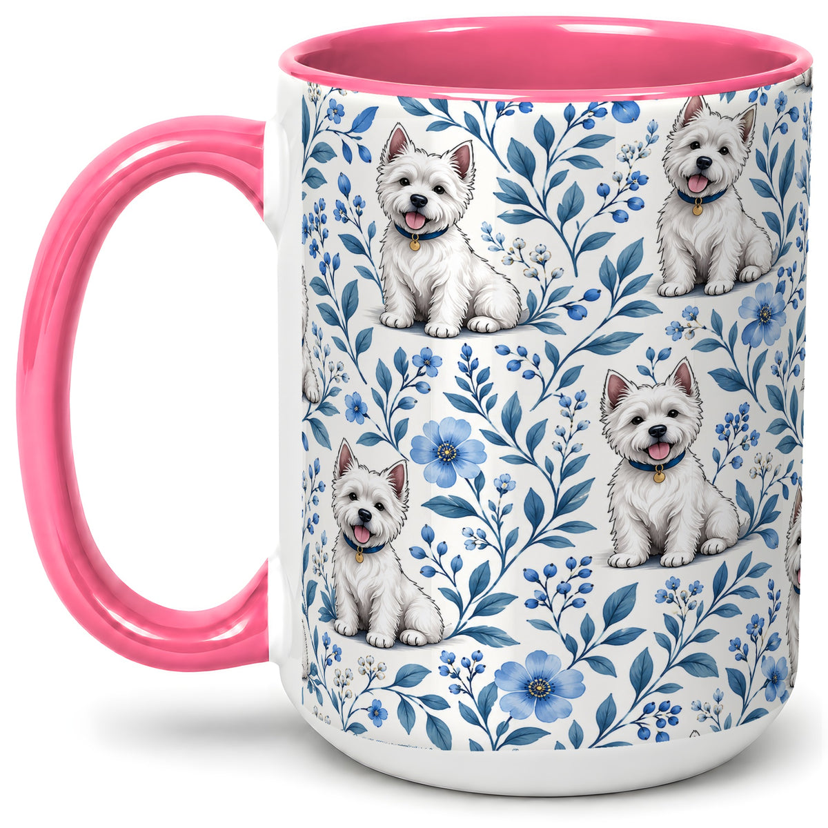 #pl[15oz|Pink] White Terrier Blue Floral Mug, Ceramic Mug with Botanical Artwork