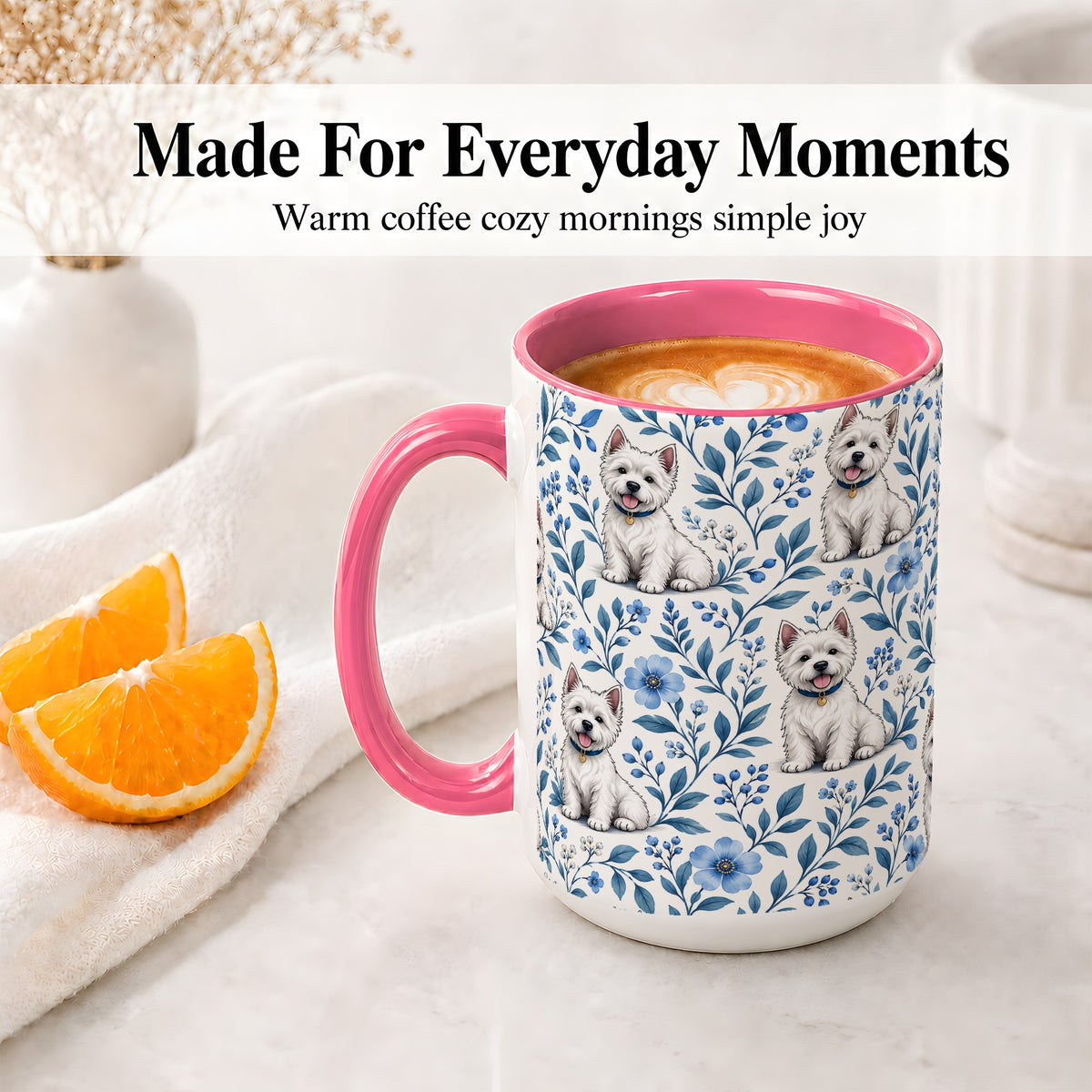 #pl[15oz|Pink] White Terrier Blue Floral Mug, Ceramic Mug with Botanical Artwork