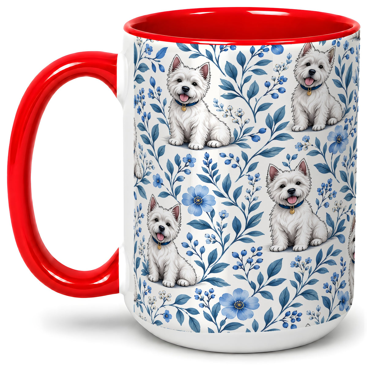 #pl[15oz|Red] White Terrier Blue Floral Mug, Ceramic Mug with Botanical Artwork