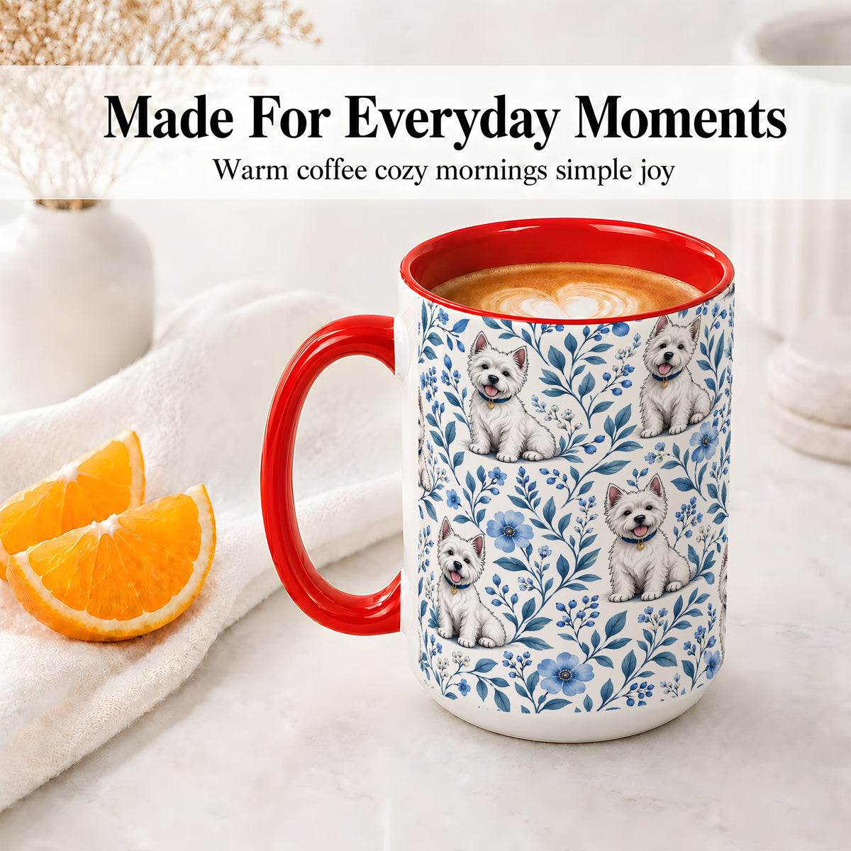 #pl[15oz|Red] White Terrier Blue Floral Mug, Ceramic Mug with Botanical Artwork