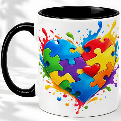 #pl[11oz|Black] Autism Awareness Puzzle Heart Mug, Ceramic Mug with Colorful Artwork