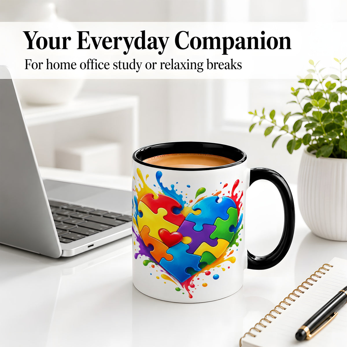 #pl[11oz|Black] Autism Awareness Puzzle Heart Mug, Ceramic Mug with Colorful Artwork