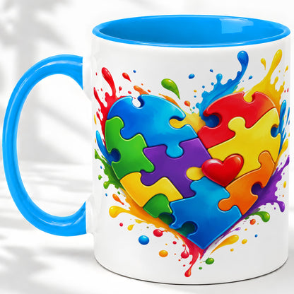 #pl[11oz|Blue] Autism Awareness Puzzle Heart Mug, Ceramic Mug with Colorful Artwork