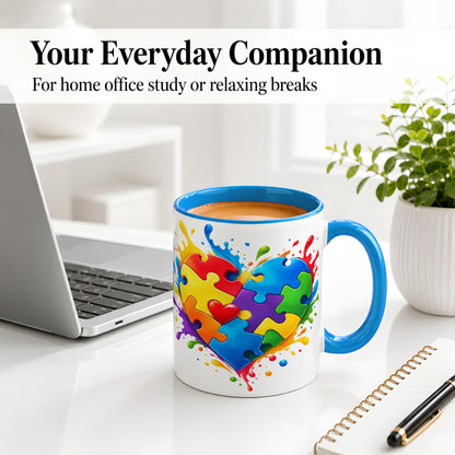 #pl[11oz|Blue] Autism Awareness Puzzle Heart Mug, Ceramic Mug with Colorful Artwork