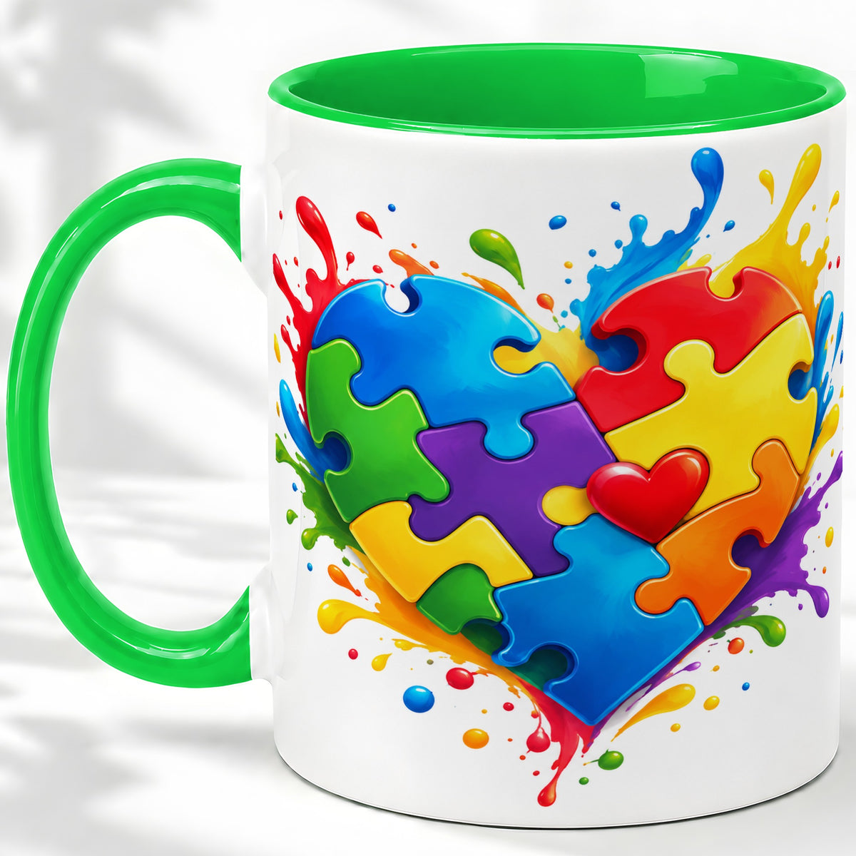 #pl[11oz|Green] Autism Awareness Puzzle Heart Mug, Ceramic Mug with Colorful Artwork