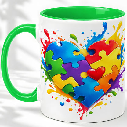 #pl[11oz|Green] Autism Awareness Puzzle Heart Mug, Ceramic Mug with Colorful Artwork