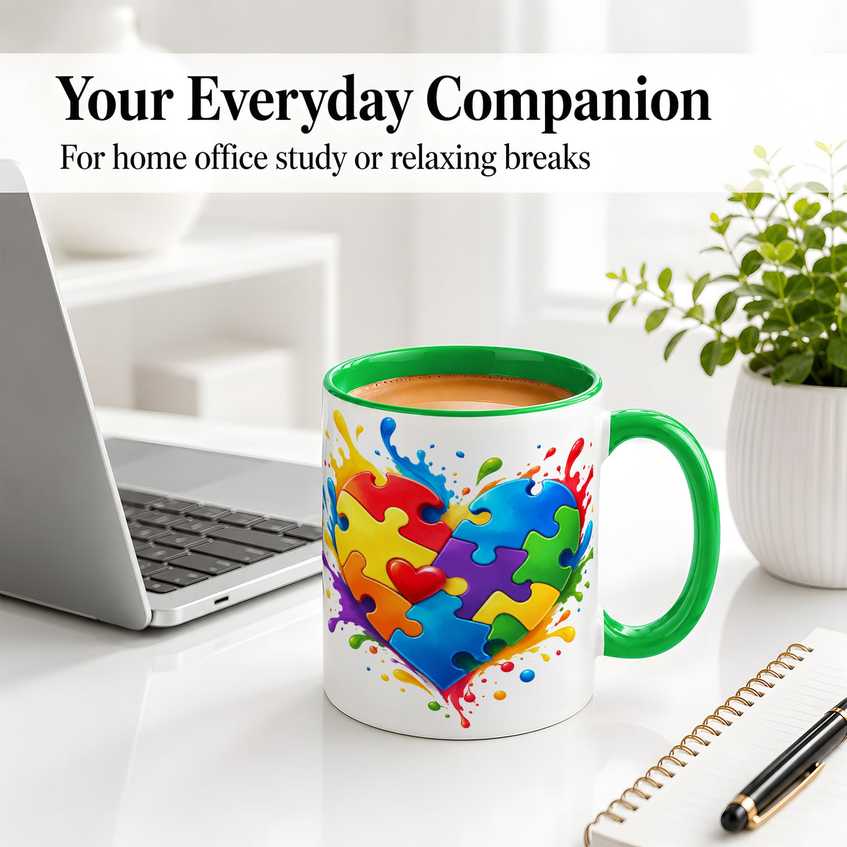 #pl[11oz|Green] Autism Awareness Puzzle Heart Mug, Ceramic Mug with Colorful Artwork