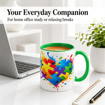#pl[11oz|Green] Autism Awareness Puzzle Heart Mug, Ceramic Mug with Colorful Artwork