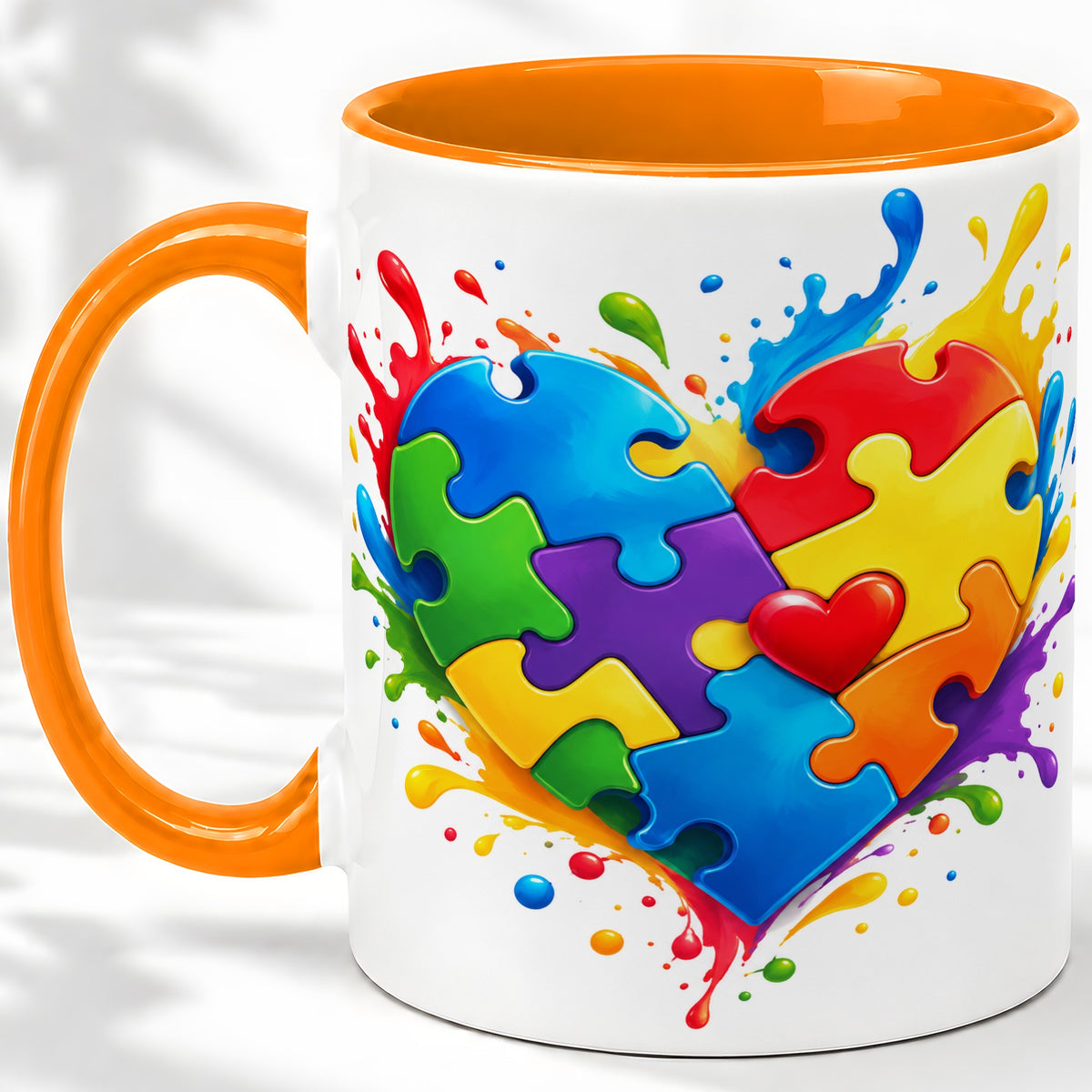#pl[11oz|Orange] Autism Awareness Puzzle Heart Mug, Ceramic Mug with Colorful Artwork