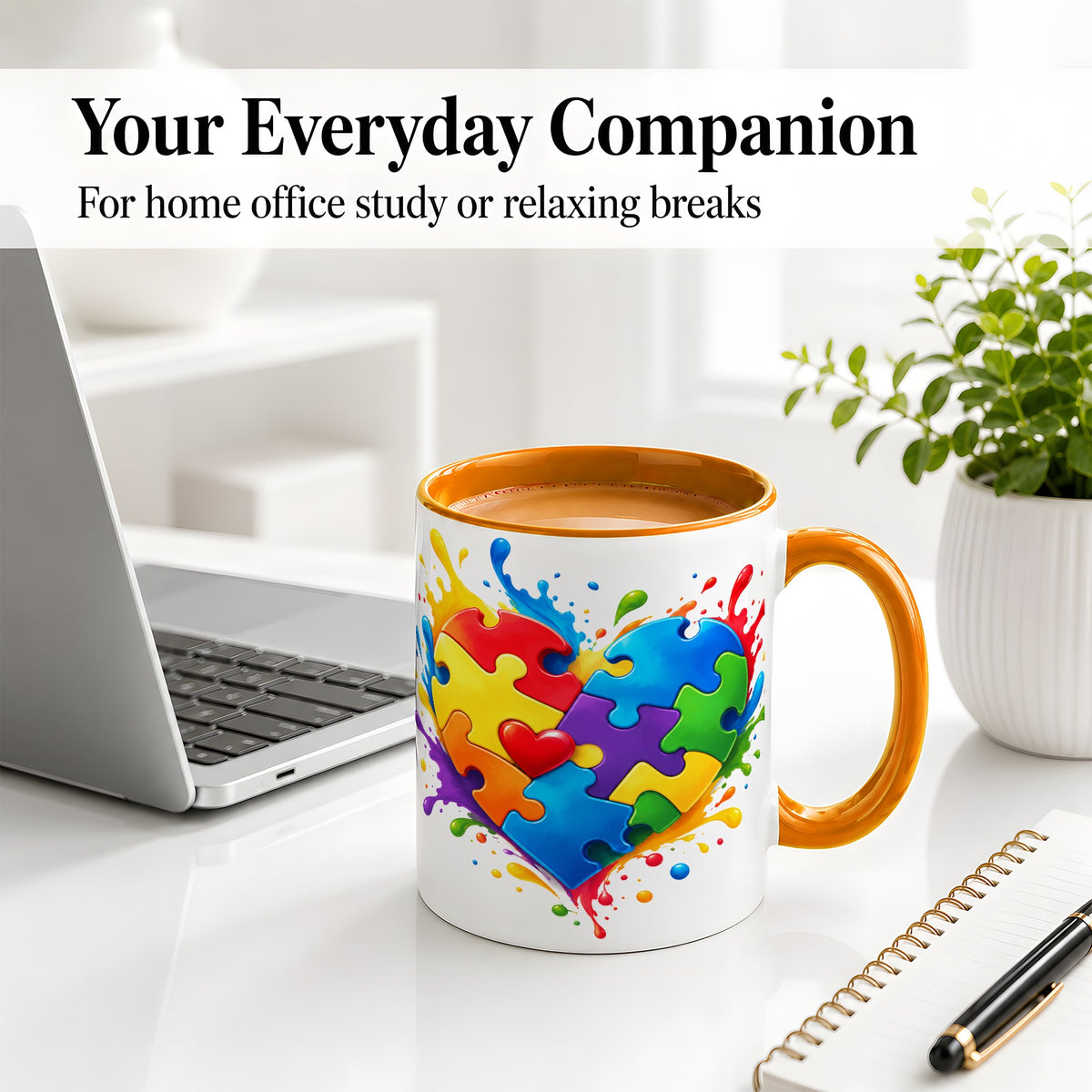 #pl[11oz|Orange] Autism Awareness Puzzle Heart Mug, Ceramic Mug with Colorful Artwork